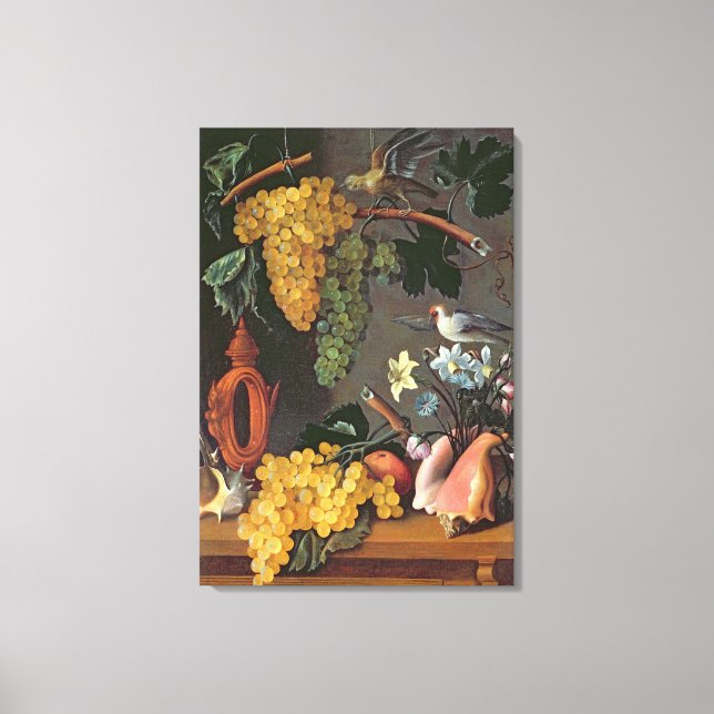 Lienzo La vida con uvas, aves y flores (Anverso)