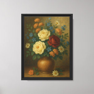 Lienzo La vida floral-fija con Rosas en una bolsa rústica