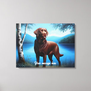 Lienzo Labrador de chocolate y lago azul