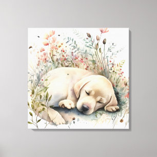 Lienzo Labrador Retriever Dorado y Flores a la Acuarela