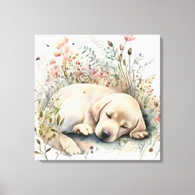 Lienzo Labrador Retriever Dorado y Flores a la Acuarela (Anverso)