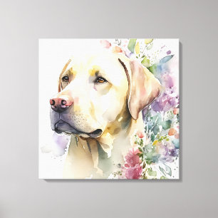 Lienzo Labrador Retriever Dorado y Flores a la Acuarela