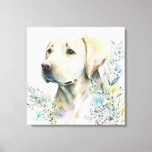 Lienzo Labrador Retriever Dorado y Flores a la Acuarela
