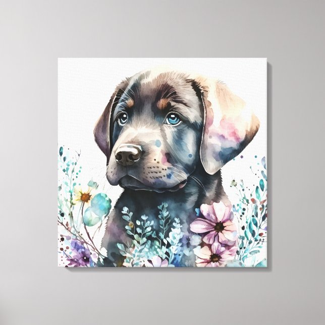 Lienzo Labrador Retriever marrón y flores a la acuarela (Anverso)