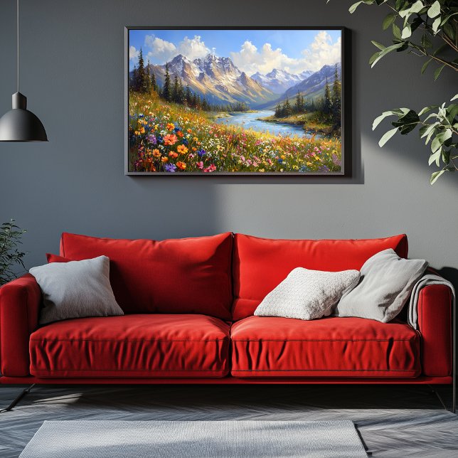 Lienzo Ladera de flores silvestres con vista al río Cryst (Alpine Mountains Artwork)