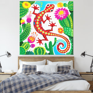 Lienzo Lagarto del Sudoeste con Flores de Cactus