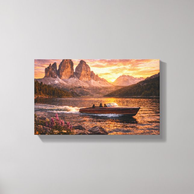 Lienzo Lago al atardecer con clásico barco de madera (Anverso)