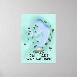Lienzo Lago Dal, Srinagar, India, mapa de afiches de viaj