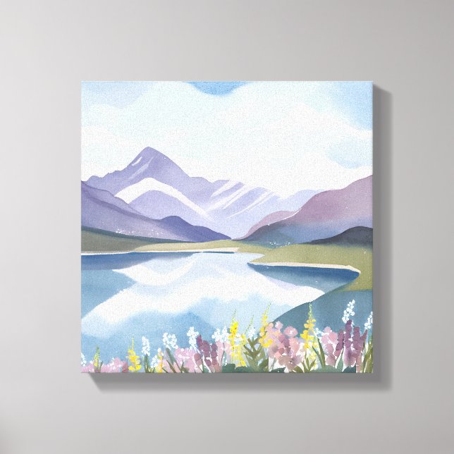 Lienzo Lago de montaña | Paisaje de acuarela floral (Anverso)