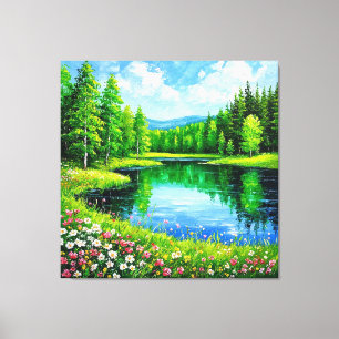 Lienzo Lago en un exuberante paisaje forestal con flores