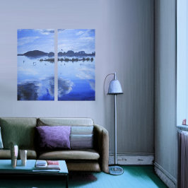 Lienzo Lago GLass, reflexiones espejo, aves, nubes