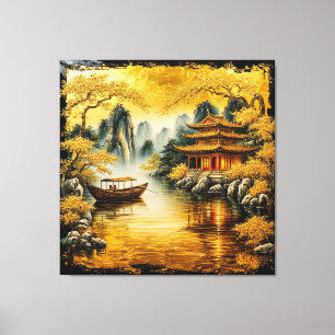 Lienzo Lago Oriental Dorado con una Pagoda