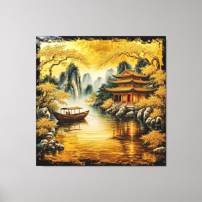 Lienzo Lago Oriental Dorado con una Pagoda (Anverso)