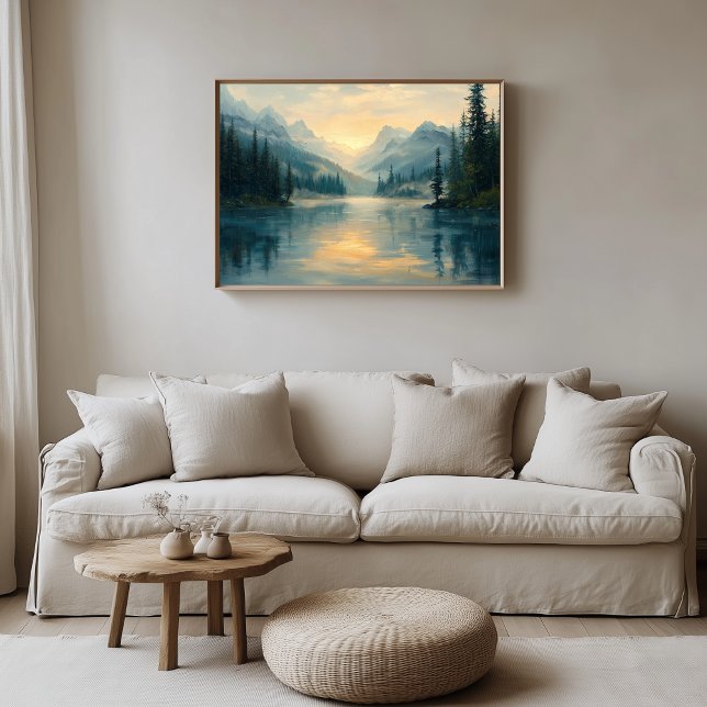 Lienzo Lago Serene Mountain al amanecer (Serene Mountain Lake Artwork)