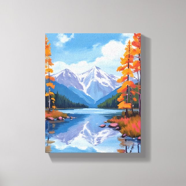 Lienzo Lago Tahoe Otoño | Pintura de montaña de otoño (Anverso)