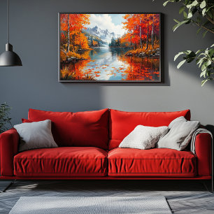 Lienzo Lago Tranquilo Rodeado de Árboles del Otoño