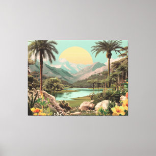 Lienzo Lago Tropical Surrealista Con Palmeras