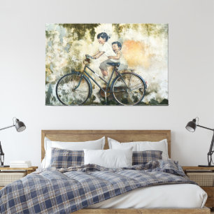 Lienzo Láminas envueltas de 60" x 40" "Niños en bicicleta