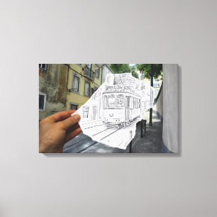 Lienzo Lápiz contra la cámara - tranvía de Lisboa
