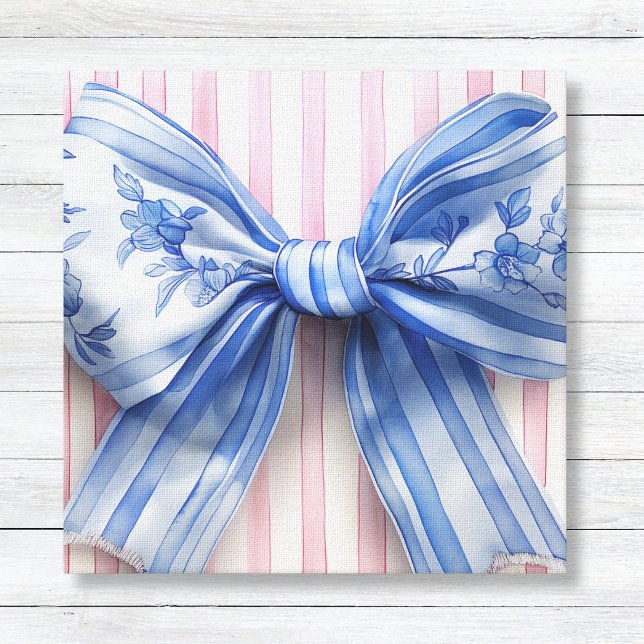 Lienzo Lazo Coqueto Azul y Blanco sobre Rayas Rosadas (Blue and White Coquette Bow with Pink Watercolor Vertical Stripes - Girls Wall Canvas Decor)
