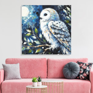 Lienzo Lechuza blanca en rama con pintura lunar