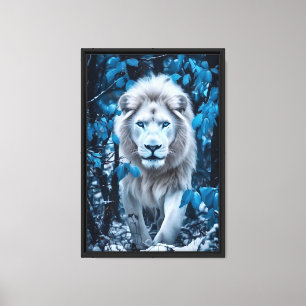 Lienzo León blanco en un bosque azul enmarcado con pintur