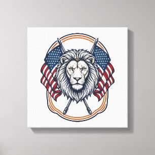 Lienzo León Patriótico con Banderas Americanas Vintage