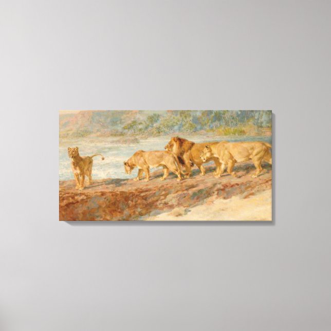 Lienzo León y leonas en la orilla de un río africano (Anverso)