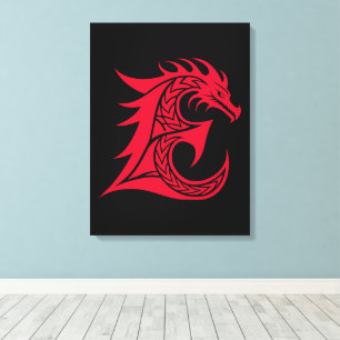 Lienzo Letra E de estilo dragón, alfabeto de dragón, mono