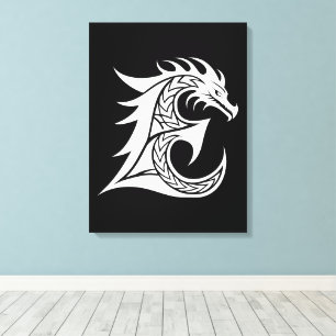 Lienzo Letra E de estilo dragón, alfabeto de dragón, mono