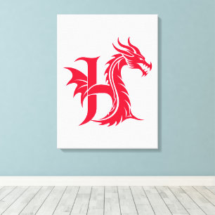 Lienzo Letra H de estilo dragón, alfabeto de dragón, mono