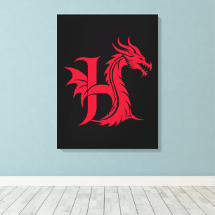 Lienzo Letra H de estilo dragón, alfabeto de dragón, mono