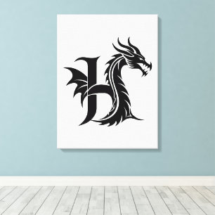 Lienzo Letra H de estilo dragón, alfabeto de dragón, mono
