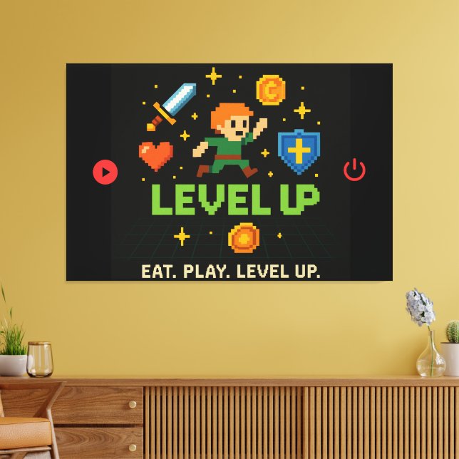Lienzo Level Up Gamer Canvas – Pixel Retro Wall Art (Insitu (Sala de estar))