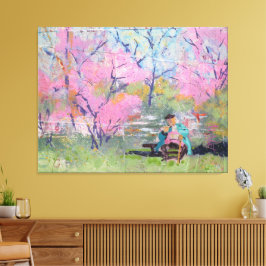 Lienzo Leyendo su carta Redbuds / Artista Larry Lerew