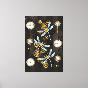 Lienzo Libélulas Steampunk sobre fondo marrón rayado