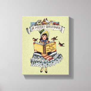 Lienzo Libro de Niña Antigüita y Papá Noel de Navidad