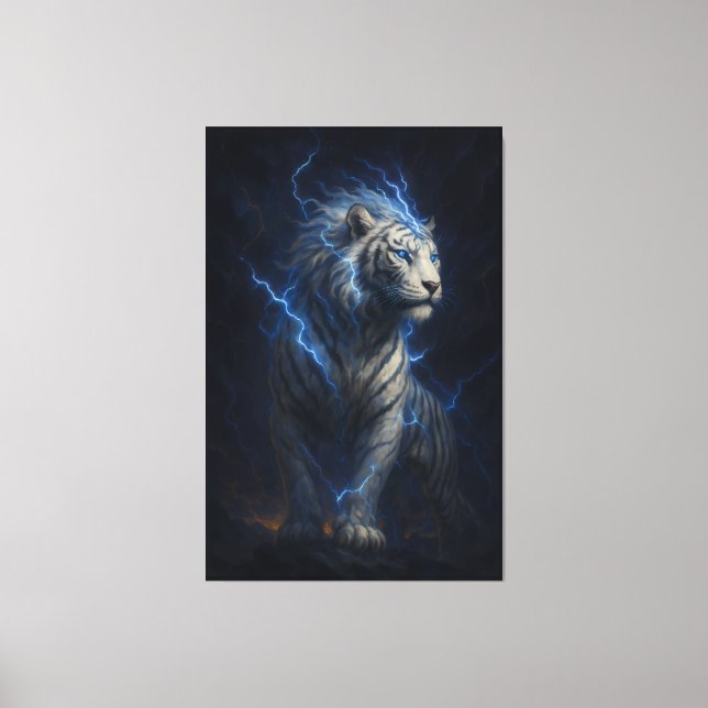 Lienzo Lightning White Tiger – Electric Storm Fantasy Art (Anverso)
