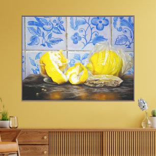 Lienzo Limones y Azulejos — Clásico Still Life Azul y Ama