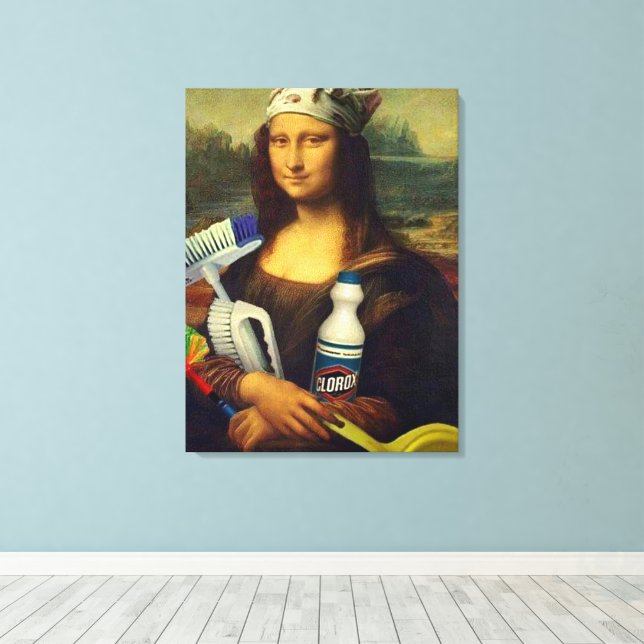 Lienzo Limpiador Mona Lisa sujetando herramientas de limp (Insitu (piso de madera))