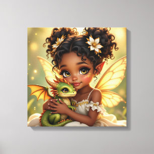 Lienzo Linda chica hada anime y dragón chibi