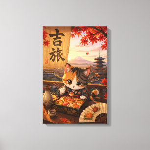 Lienzo Lindo Anime Japonés Gato Kimono Monte Fuji Otoño