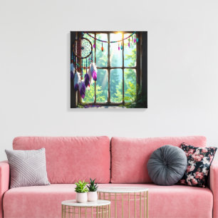Lienzo Lindo atrapasueños púrpura boho en la ventana