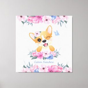Lienzo Lindo Corgi Perro Corona de Flores Mariposa Azul P