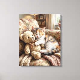 Lienzo Lindo Gatito Durmiendo con Oso de Peluche