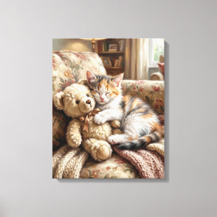 Lienzo Lindo Gatito Durmiendo con Oso de Peluche