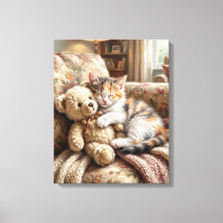 Lienzo Lindo Gatito Durmiendo con Oso de Peluche