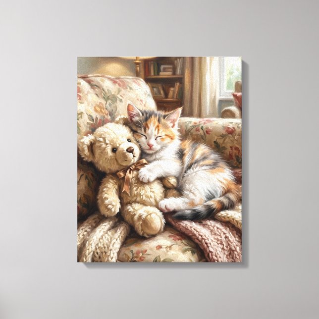 Lienzo Lindo Gatito Durmiendo con Oso de Peluche (Anverso)