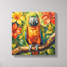 Lienzo Lindo loro de impasto colorido y flor tropical