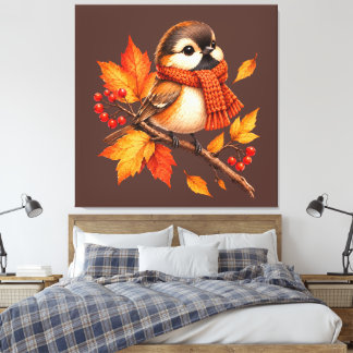 Lienzo Lindo pájaro de otoño con bufanda acogedora – Hoja